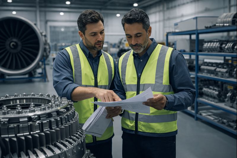 Aviation procurement specialists inspecting aircraft components
